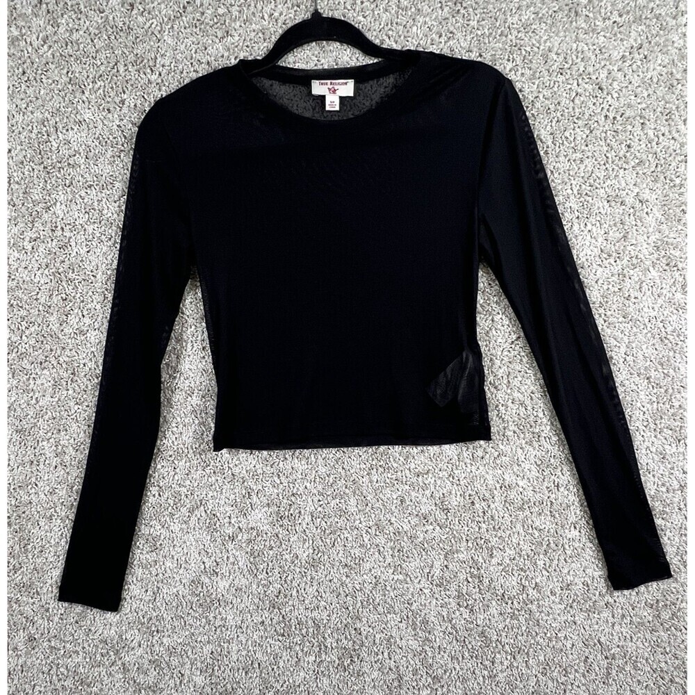 True Religion Women Black Mesh Crop Top Long Sleeve Stretch Shirt S/P